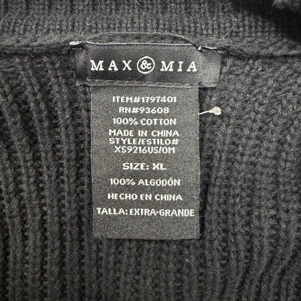MAX & MIA Black Ribbed Knit Cardigan Open Front Pockets XL 100% Cotton Office - Picture 4 of 7